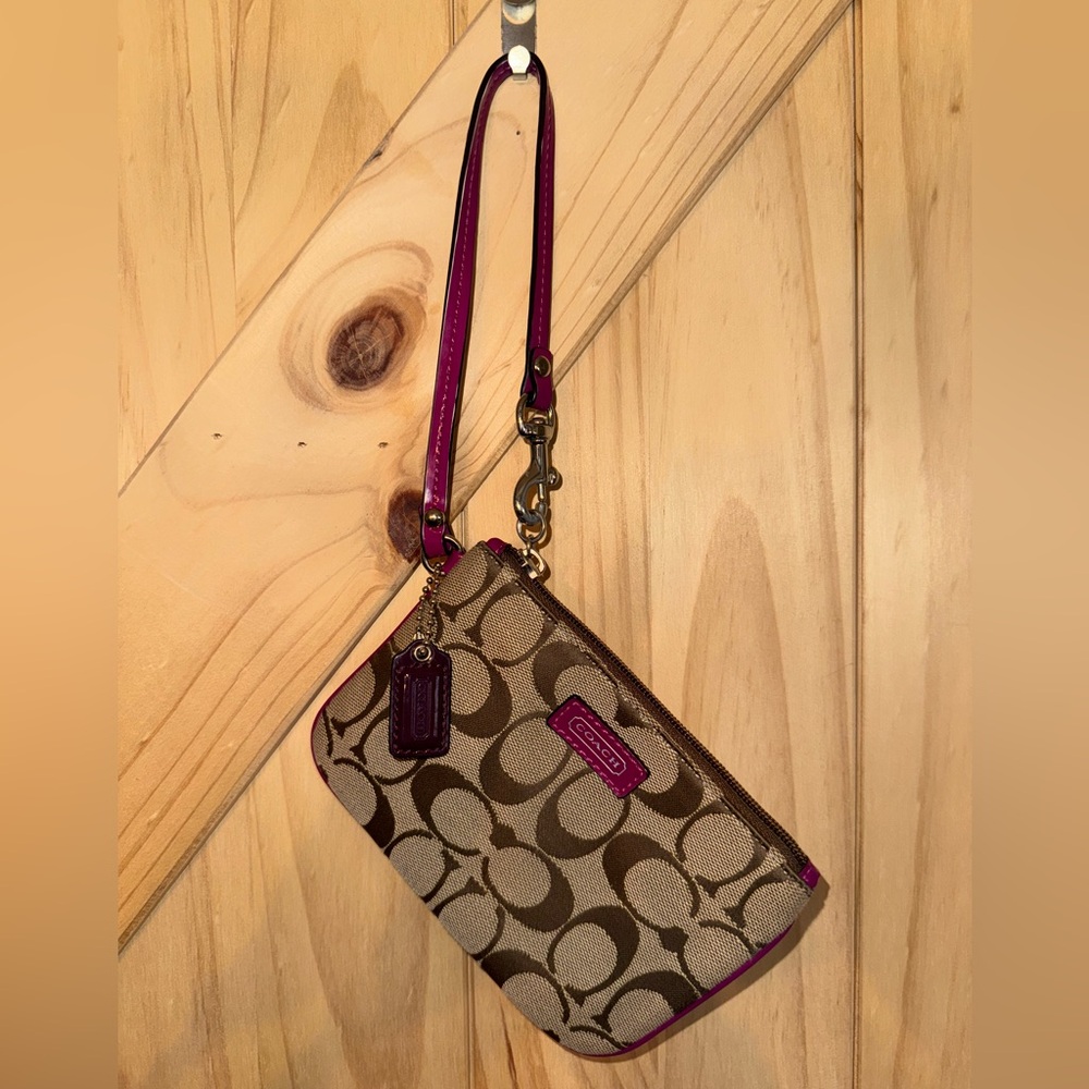 Coach Tan and Dark Pink Signature Wristlet